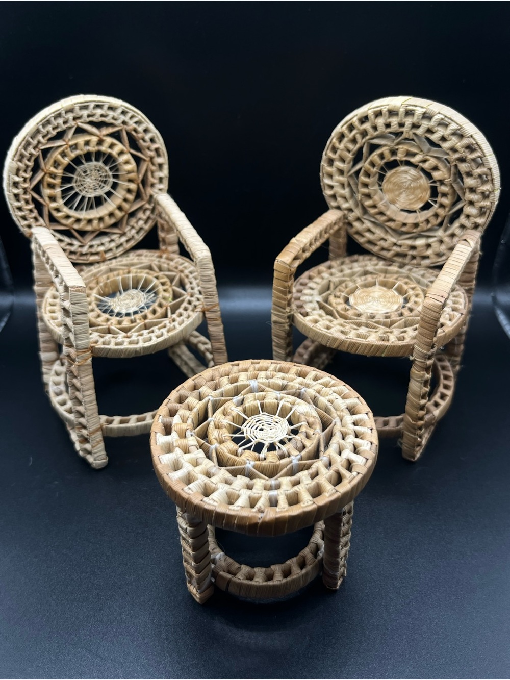 Vtg Dollhouse Woven Rattan Miniature Chair and Table Set - Natural Beige